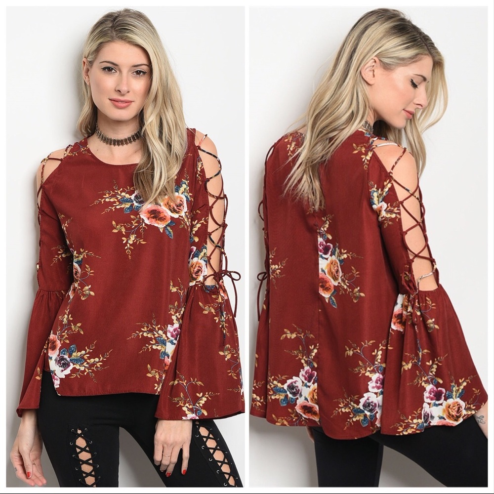 ❌❌ SOLD:Maroon Floral Blouse / Cross Tied Sleeves